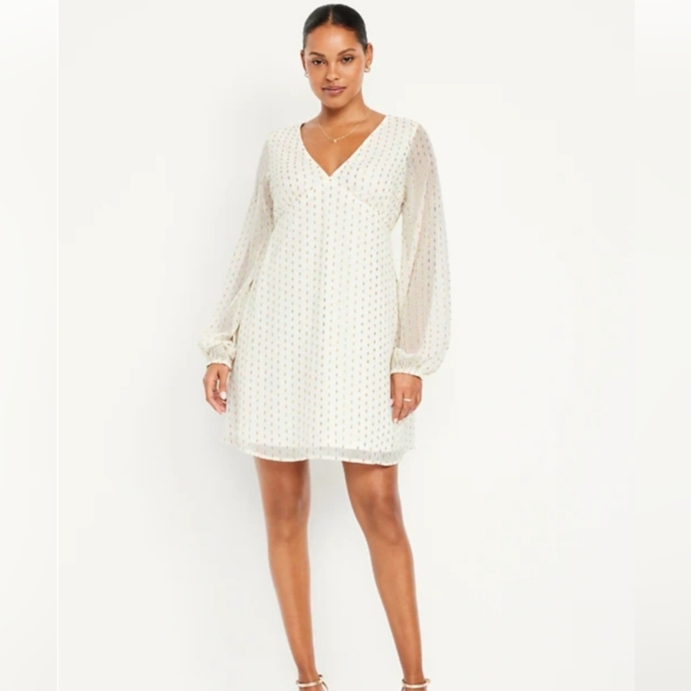 Old Navy Ivory V-Neck Long-Sleeve Mini Dress with Gold Dots. Adorable detail.NEW